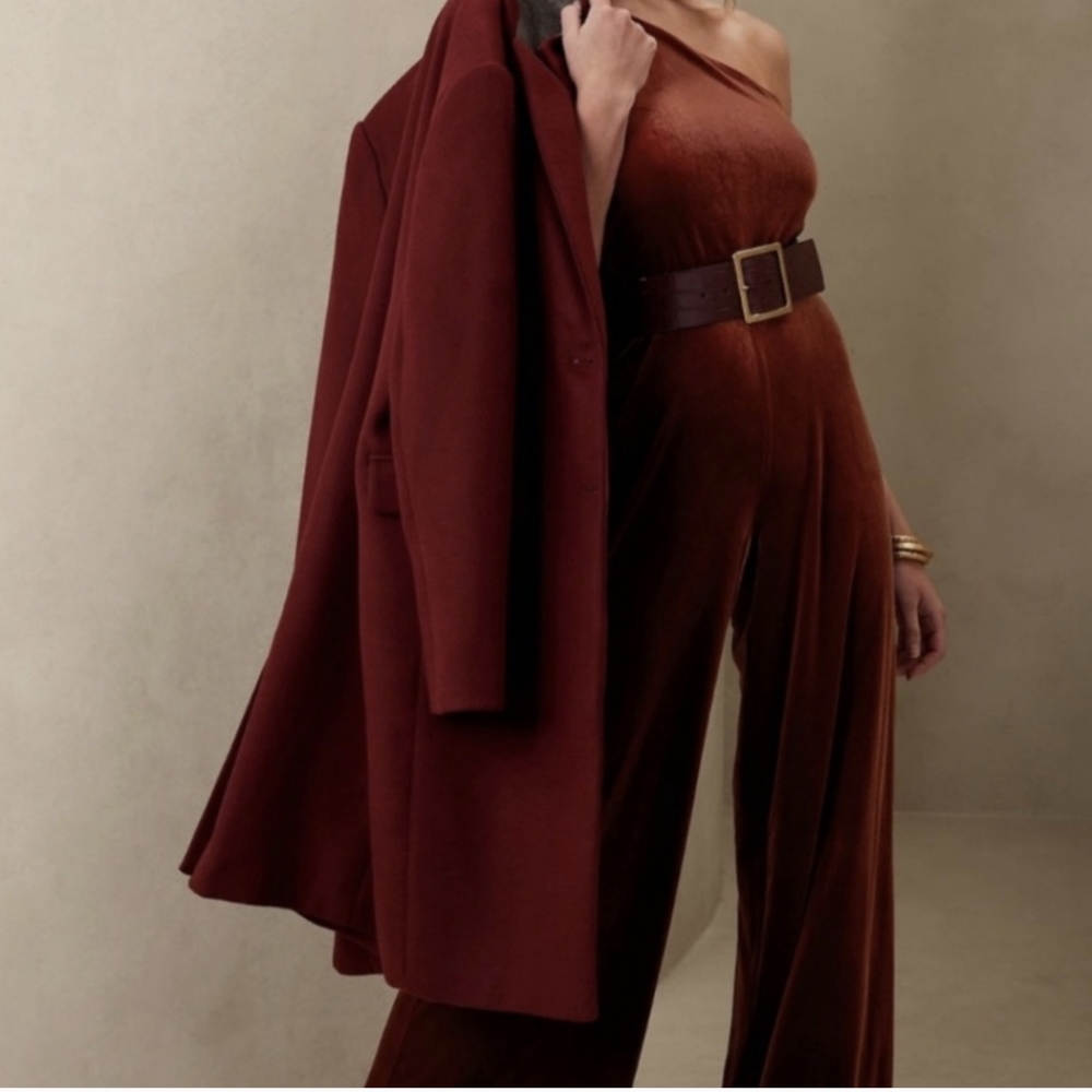 🔥NWT:🔥Large (L) Banana Republic Baddie Maroon Velvet One Shoulder jumpsuit